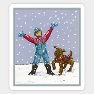 Boy and Dog in Snow Sticker